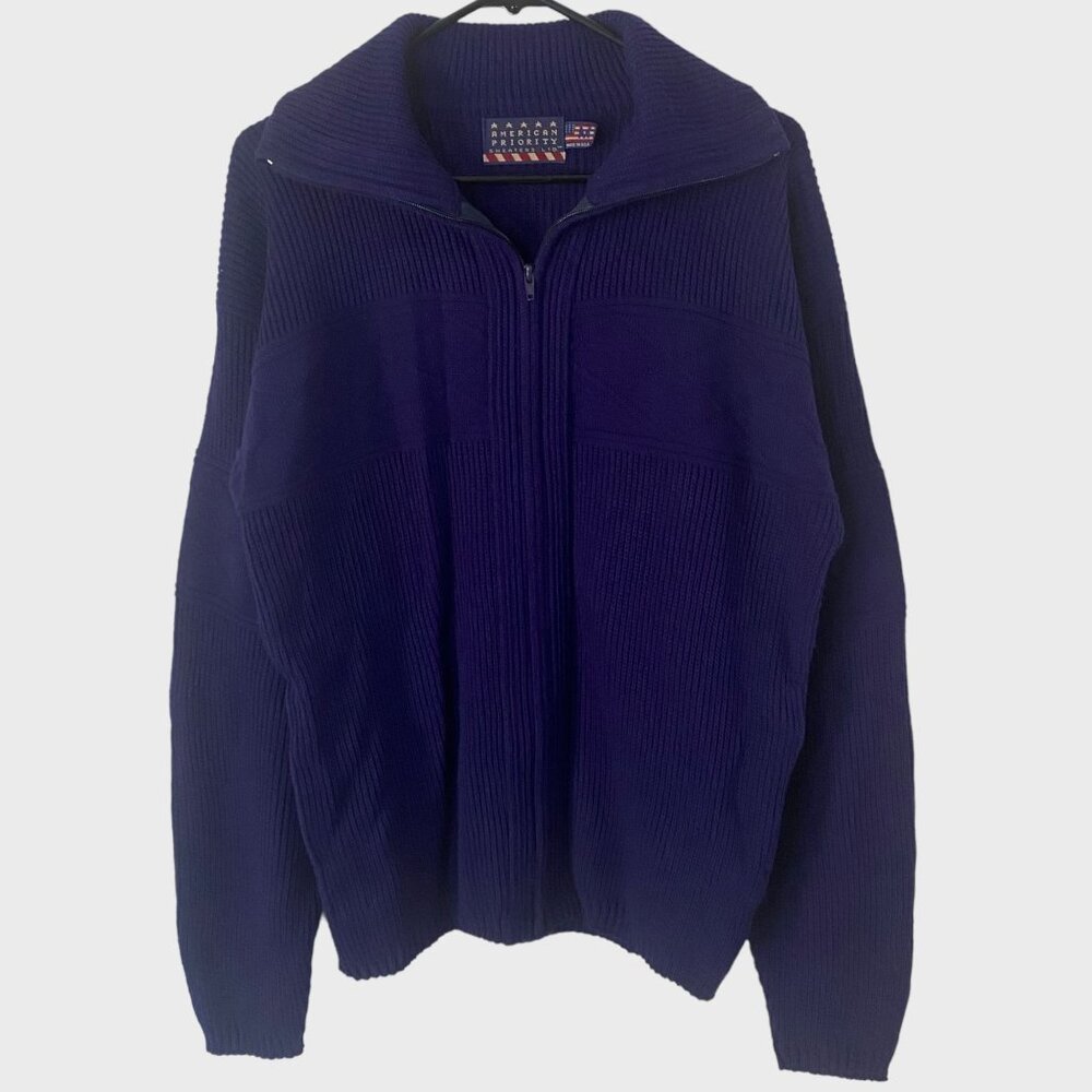 Vintage American Priority Full-Zip Ribbed-Knit Sweater Navy Blue Men's Medium